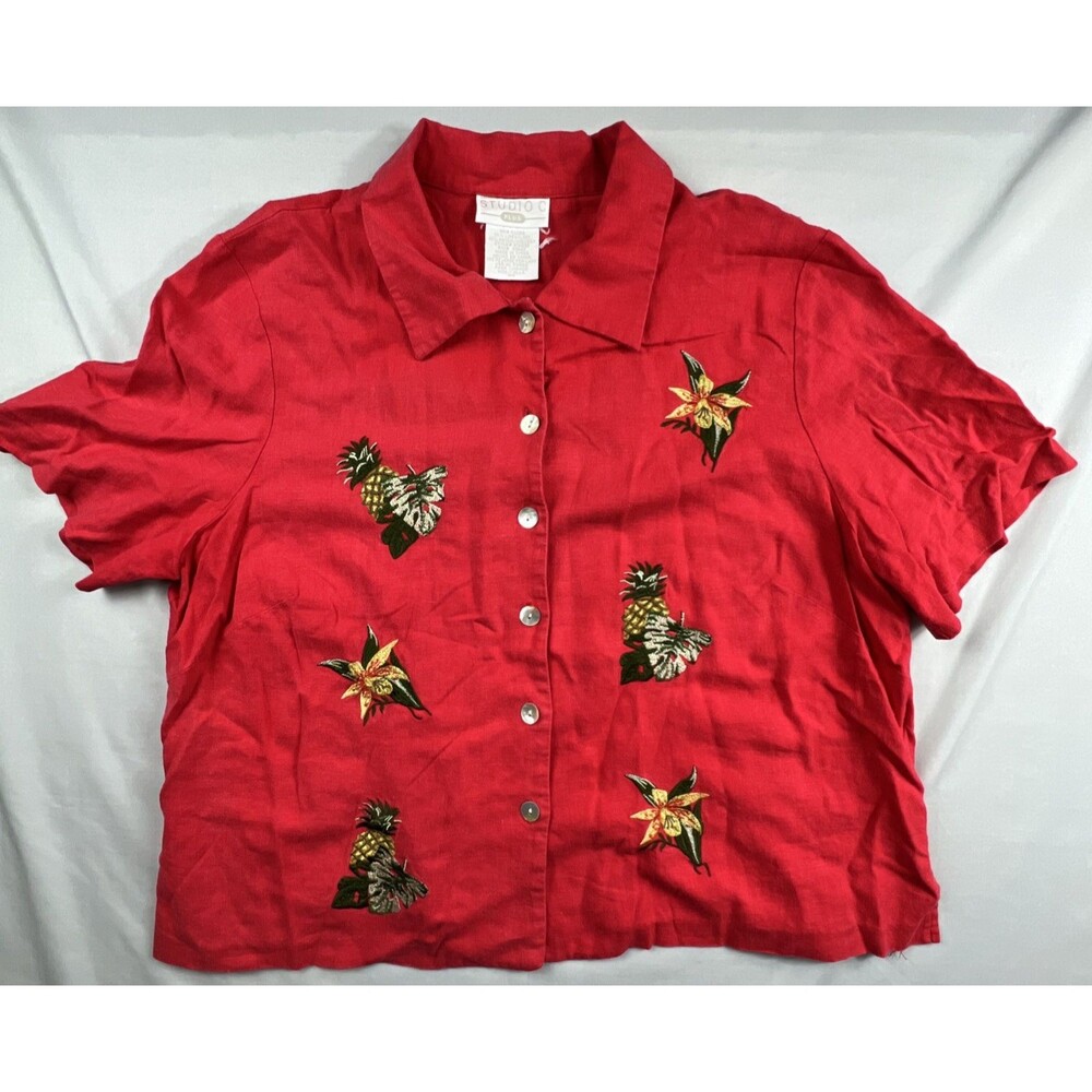 Vintage Studio C Plus Linen Blend Embroidered Tropical Shirt 18W